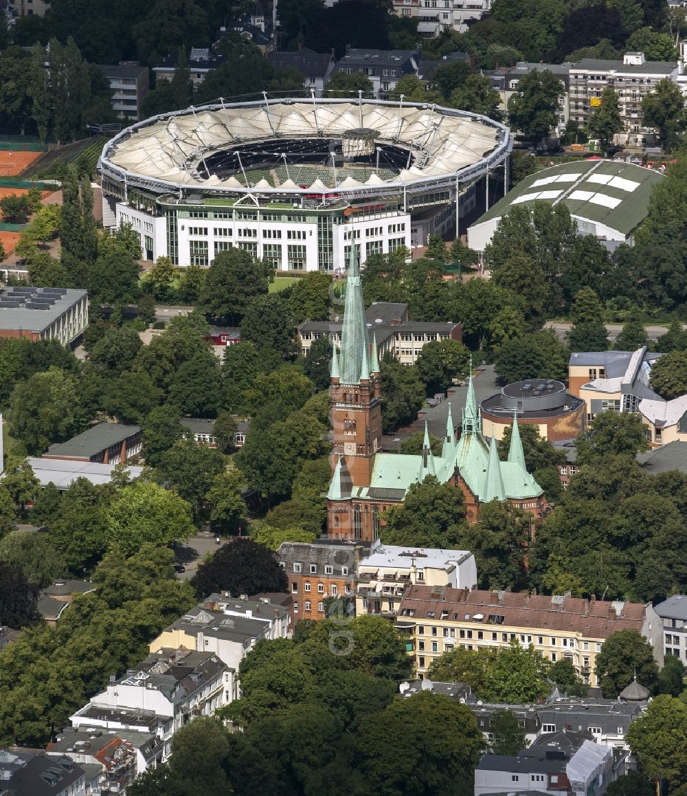 Aerial photograph Hamburg - View of St John's Church before the Rothenbaum Arena in Hamburg. The tennis arena at Rothenbaum in Hamburg hosts the ATP tournament (officially International German Open), a German men's tennis tournament, which is held annually at Hamburg Rothenbaum