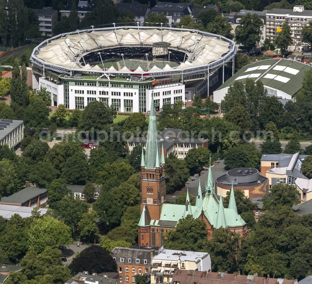 Hamburg from above - View of St John's Church before the Rothenbaum Arena in Hamburg. The tennis arena at Rothenbaum in Hamburg hosts the ATP tournament (officially International German Open), a German men's tennis tournament, which is held annually at Hamburg Rothenbaum