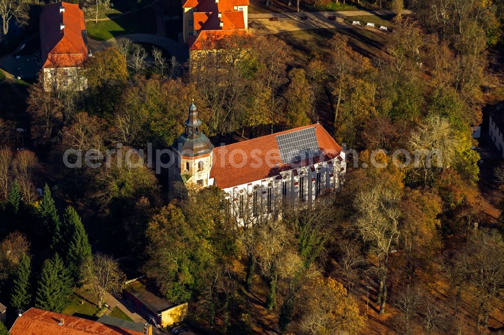 Mirow from above - View of the church Johanniterkirche zu Mirow in the state Mecklenburg-West Pomerania