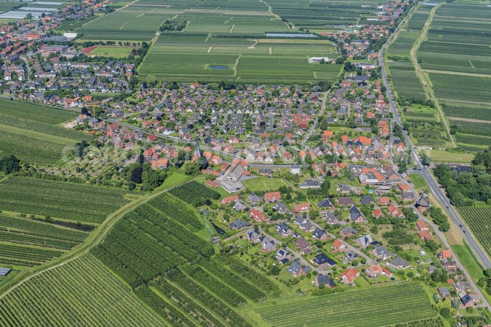 Jork from above - Location in the fruit-growing area Altes Land Jork Borstel in the state of Lower Saxony, Germany