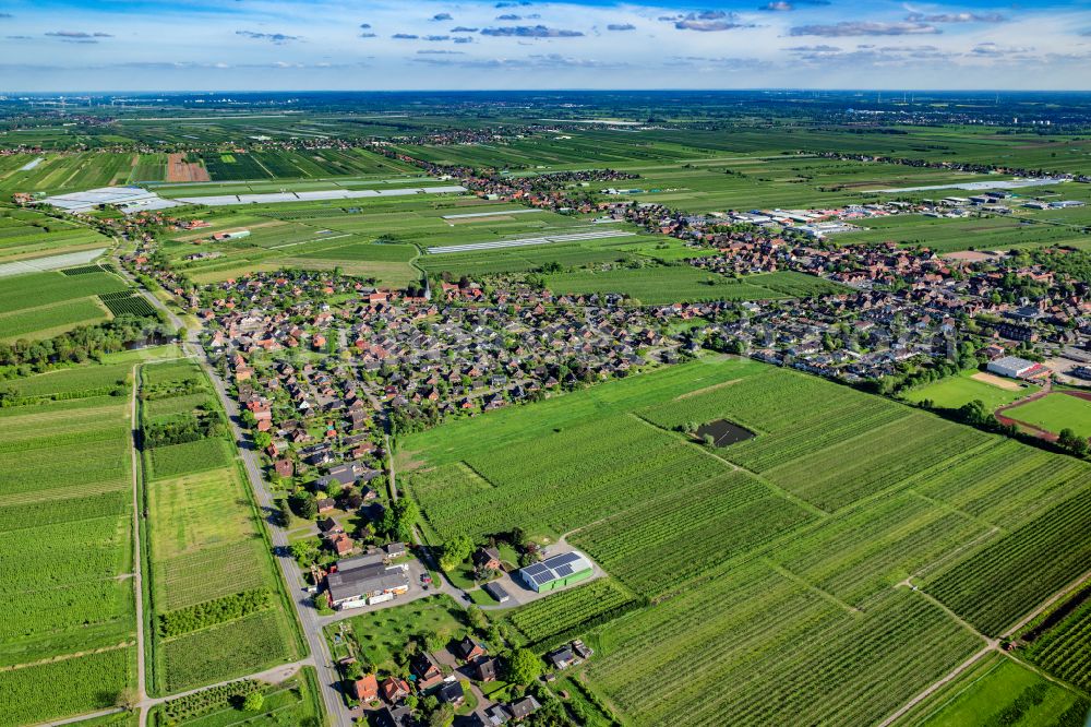 Jork from above - Location in the fruit-growing area Altes Land Jork Borstel in the state of Lower Saxony, Germany