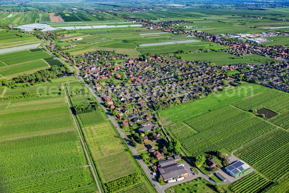 Jork from the bird's eye view: Location in the fruit-growing area Altes Land Jork Borstel in the state of Lower Saxony, Germany