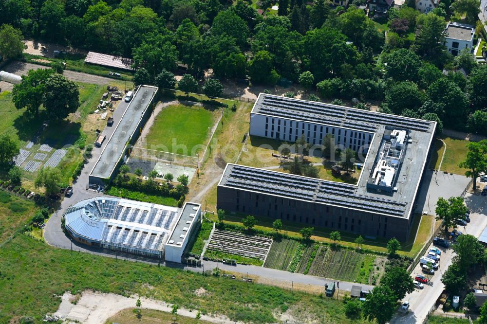 Aerial photograph Berlin - Prison grounds and security fencing of the JVA juvenile detention center JVA of Offenen Vollzuges Berlin - Bereich Dueppel on street Robert-von-Ostertag-Strasse in the district Zehlendorf in Berlin, Germany