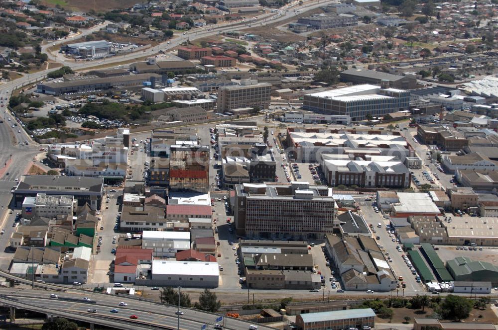 Port Elizabeth from the bird's eye view: View of the Law Courts and a housing and industrial area in North End by the Govan Mbeki Avenue in Port Elizabeth