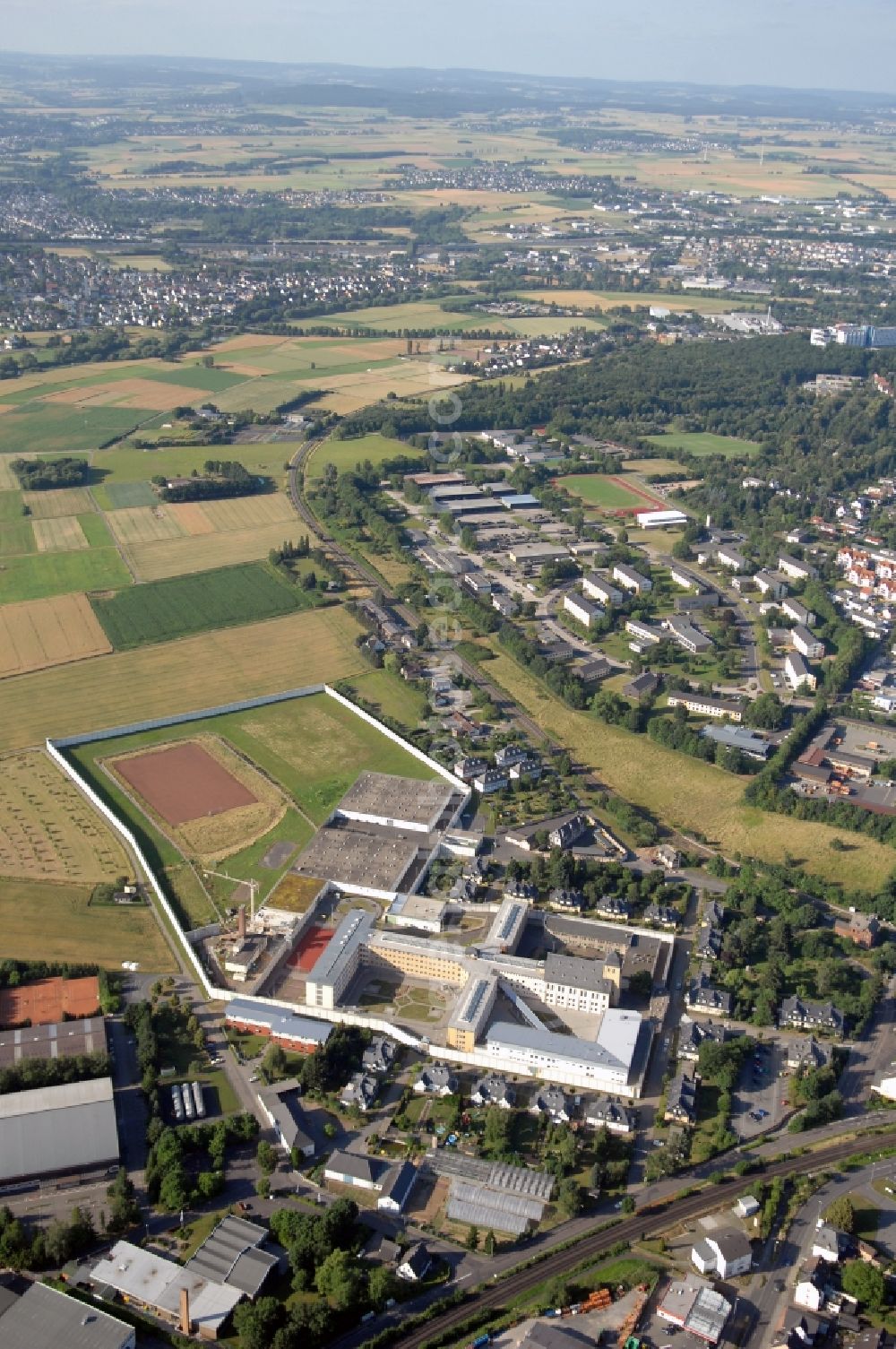 Diez from the bird's eye view: Prison grounds and high security fence Prison Dietz in Diez in the state Rhineland-Palatinate, Germany