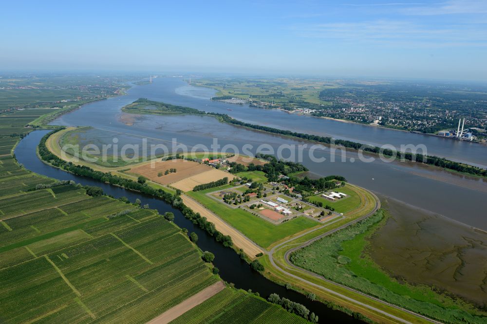 Jork from above - Prison grounds and high security fence Prison on the island in the course of the Elbe river in the district Hahnoefersand in Jork Old Land in the state Lower Saxony, Germany