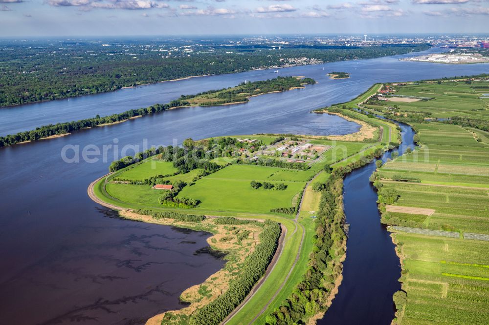 Jork from above - Prison grounds and high security fence Prison on the island in the course of the Elbe river in the district Hahnoefersand in Jork Old Land in the state Lower Saxony, Germany