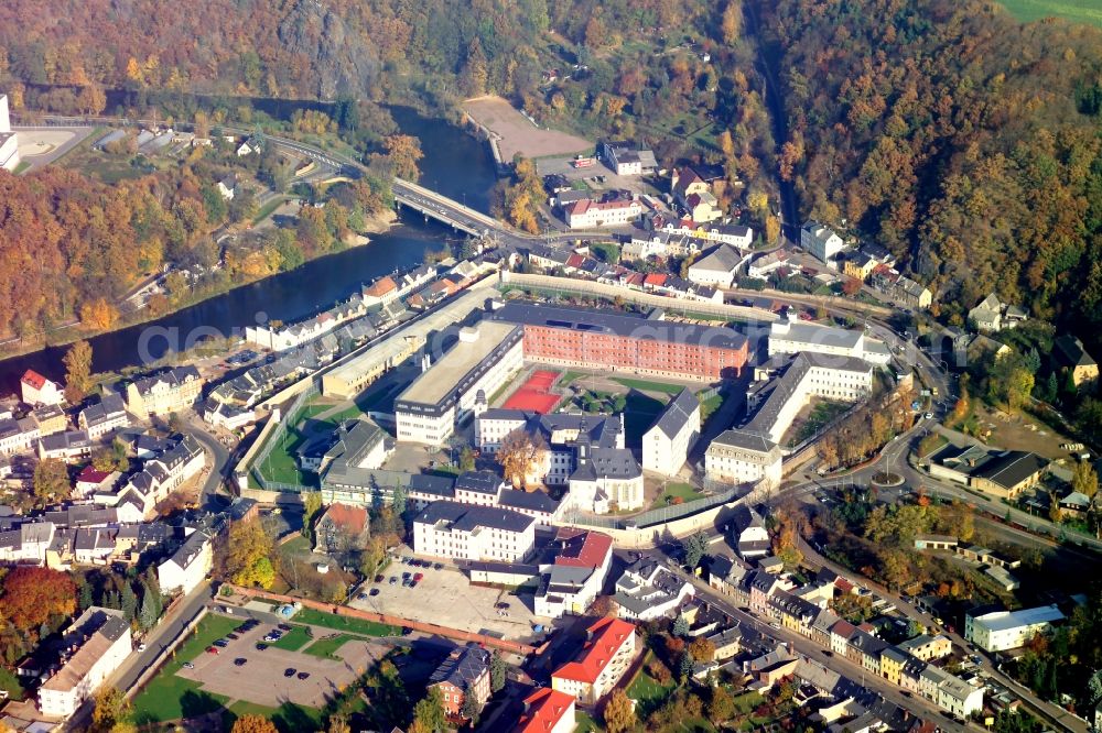 Aerial image Waldheim - Prison grounds and high security fence Prison in Waldheim in the state Saxony, Germany