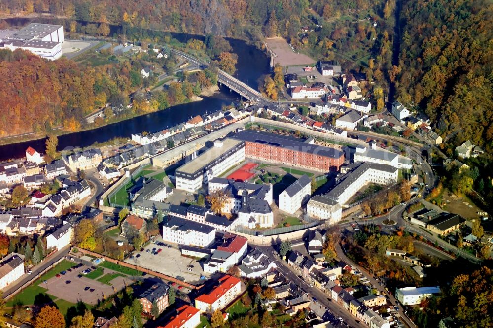 Waldheim from above - Prison grounds and high security fence Prison in Waldheim in the state Saxony, Germany