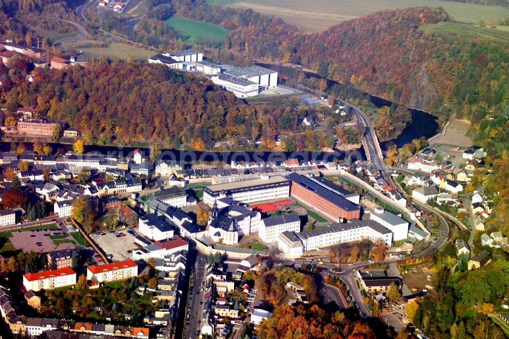 Waldheim from the bird's eye view: Prison grounds and high security fence Prison in Waldheim in the state Saxony, Germany