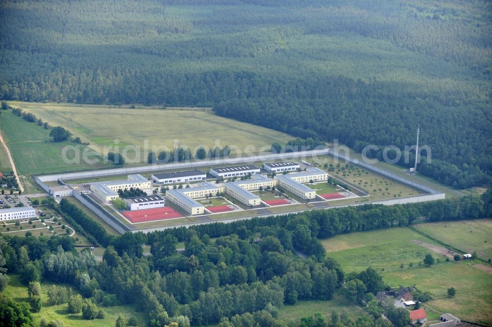 Wulkow from above - Prison grounds and high security fence Prison Justizvollzugsanstalt Nord-Brandenburg Teilanstalt Neuruppin-Wulkow in Wulkow in the state Brandenburg, Germany