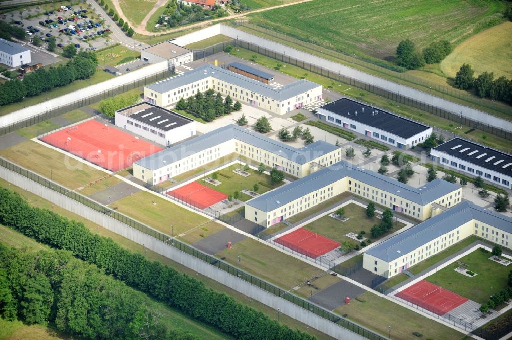 Wulkow from above - Prison grounds and high security fence Prison Justizvollzugsanstalt Nord-Brandenburg Teilanstalt Neuruppin-Wulkow in Wulkow in the state Brandenburg, Germany