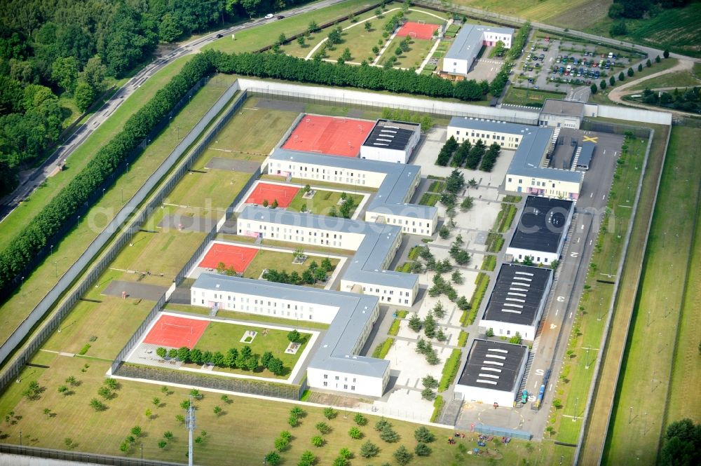 Wulkow from above - Prison grounds and high security fence Prison Justizvollzugsanstalt Nord-Brandenburg Teilanstalt Neuruppin-Wulkow in Wulkow in the state Brandenburg, Germany