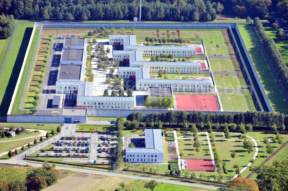 Wulkow from above - Prison grounds and high security fence Prison Justizvollzugsanstalt Nord-Brandenburg Teilanstalt Neuruppin-Wulkow in Wulkow in the state Brandenburg, Germany