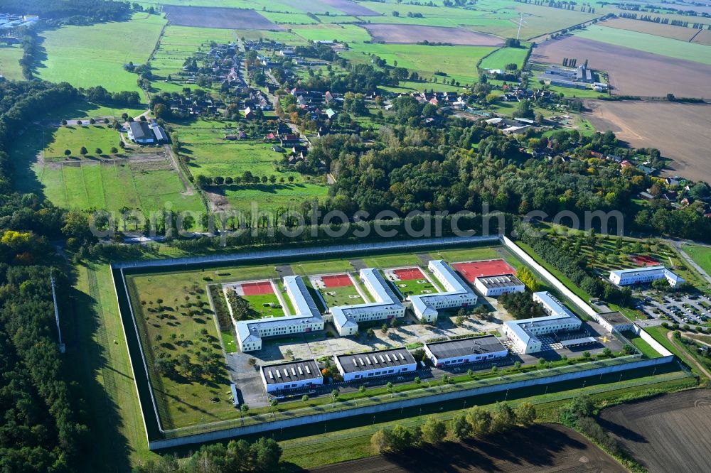 Wulkow from above - Prison grounds and high security fence Prison Justizvollzugsanstalt Nord-Brandenburg Teilanstalt Neuruppin-Wulkow in Wulkow in the state Brandenburg, Germany