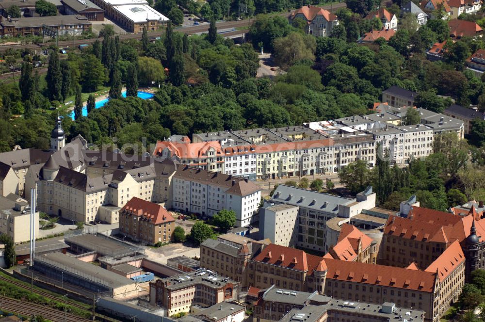 Magdeburg from above - Blick auf die Justizvollzugsanstalt JVA Magdeburg und das Landesgericht. View of the prison Magdeburg and the regional court.