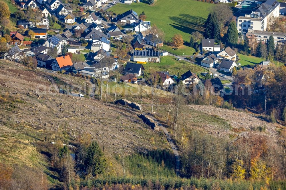 Aerial photograph Arnsberg - Bald area of a cleared forest on street Hohe Strasse in the district Oeventrop in Arnsberg at Sauerland in the state North Rhine-Westphalia, Germany