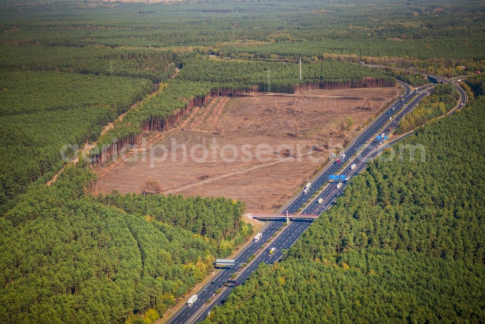 Fichtenwalde from the bird's eye view: Bald area of a cleared forest along the motorway A9 in Fichtenwalde in the state Brandenburg, Germany