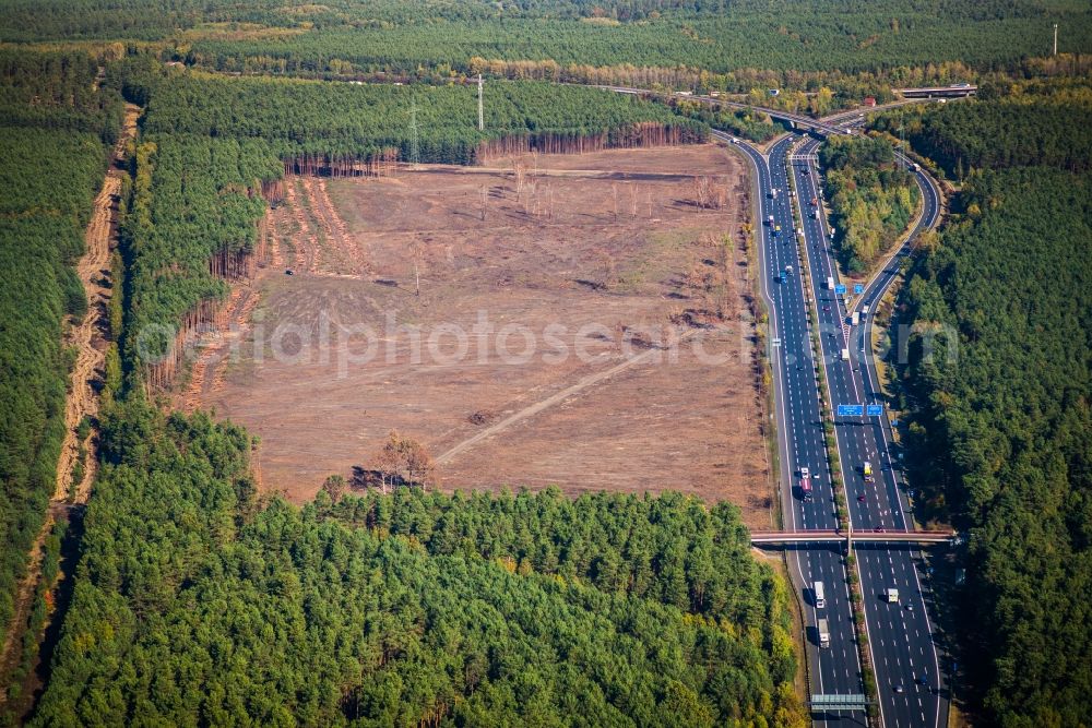 Aerial image Fichtenwalde - Bald area of a cleared forest along the motorway A9 in Fichtenwalde in the state Brandenburg, Germany