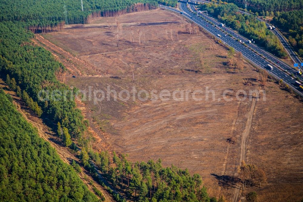 Aerial photograph Fichtenwalde - Bald area of a cleared forest along the motorway A9 in Fichtenwalde in the state Brandenburg, Germany