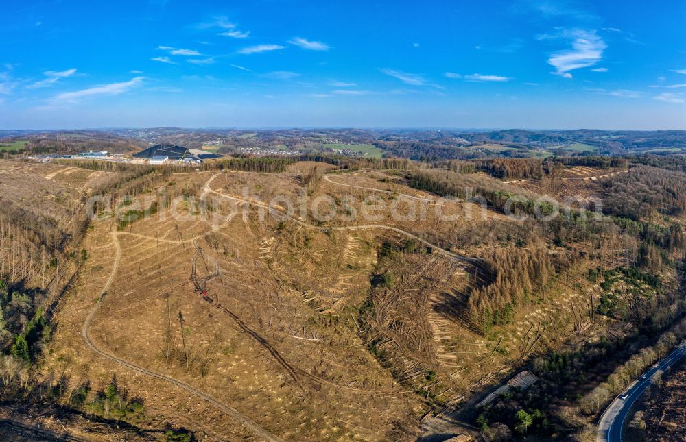 Aerial image Lindlar - Bald area of a cleared forest in Lindlar in the state North Rhine-Westphalia, Germany