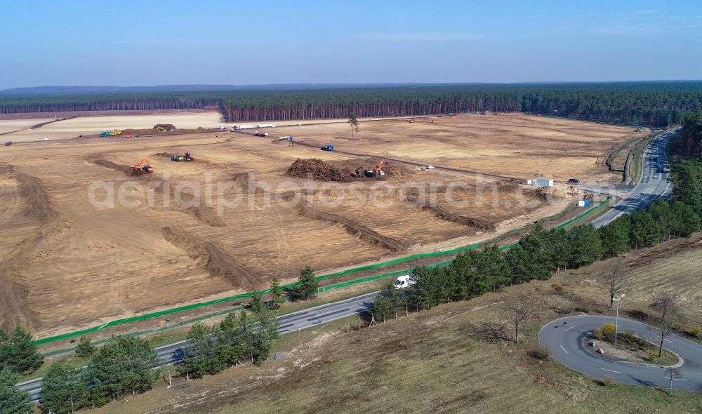 Grünheide (Mark) from above - Bald area of a cleared forest on premise of Tesla- factoryes in Gruenheide (Mark) in the state Brandenburg, Germany