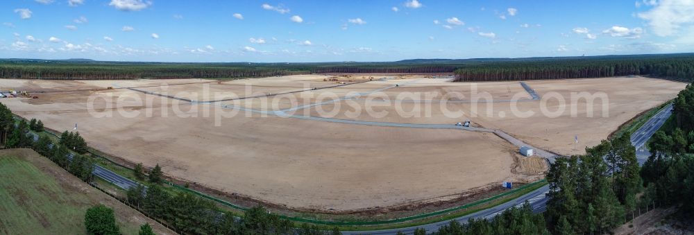 Grünheide (Mark) from the bird's eye view: Bald area of a cleared forest on premise of Tesla- factoryes in Gruenheide (Mark) in the state Brandenburg, Germany