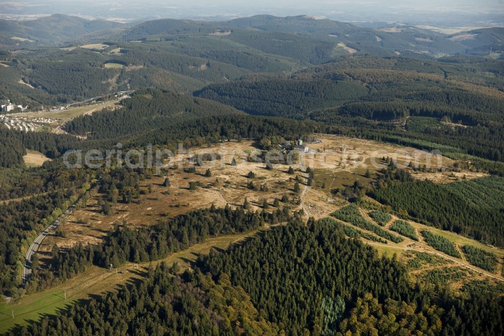 Winterberg from above - Panoramic views across the Kahler Asten near Winterberg in the federal state North Rhine-Westphalia NRW. Located at the summit are the monument protected Berggasthof Kahler Asten and the Astenturm, where a weather station and a permanent exhibition about nature conservation are inside