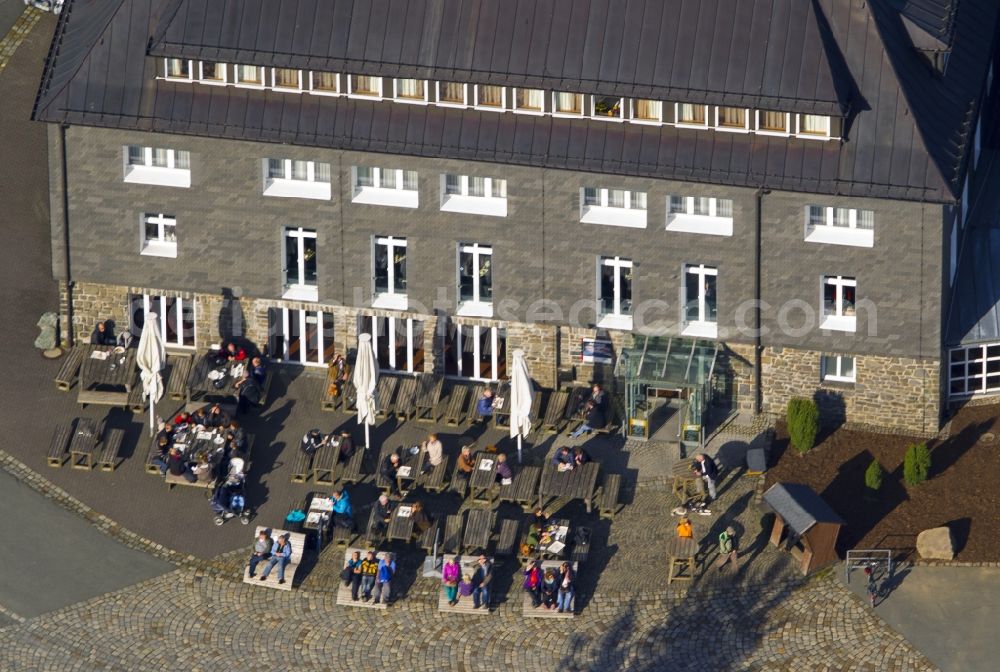 Winterberg from above - View at the monument protected mountain inn Kahler Asten and the Astenturm near Winterberg the federal state of North-Westphalia Rhine. In the Astenturm located are a weather station and a permanent exhibition about nature conservation