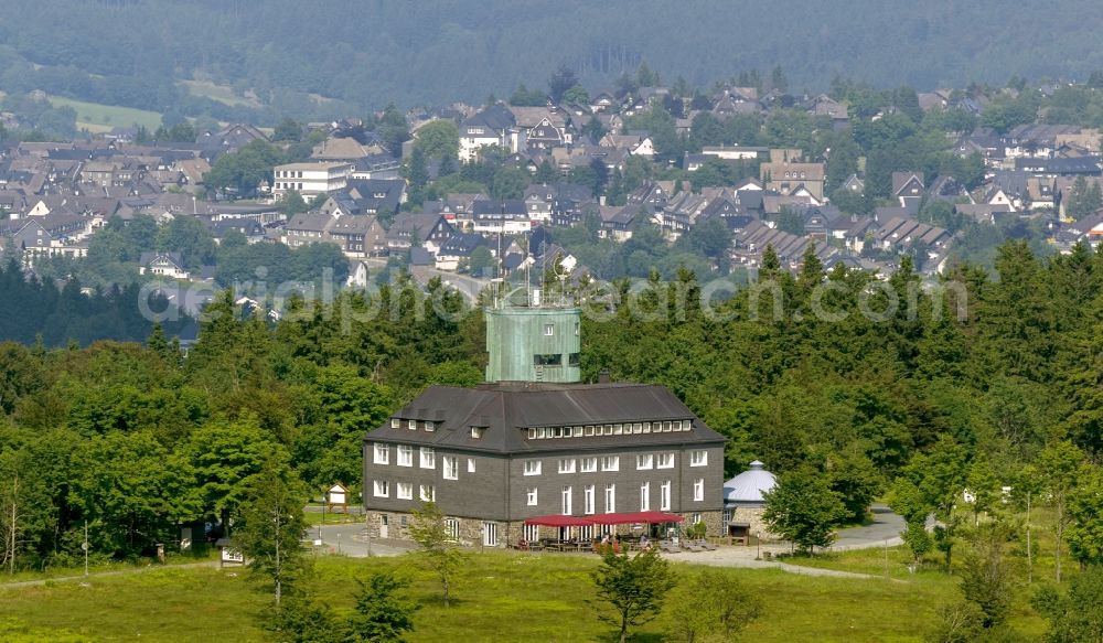 Aerial image Winterberg - View at the monument protected mountain inn Kahler Asten and the Astenturm near Winterberg the federal state of North-Westphalia Rhine. In the Astenturm located are a weather station and a permanent exhibition about nature conservation