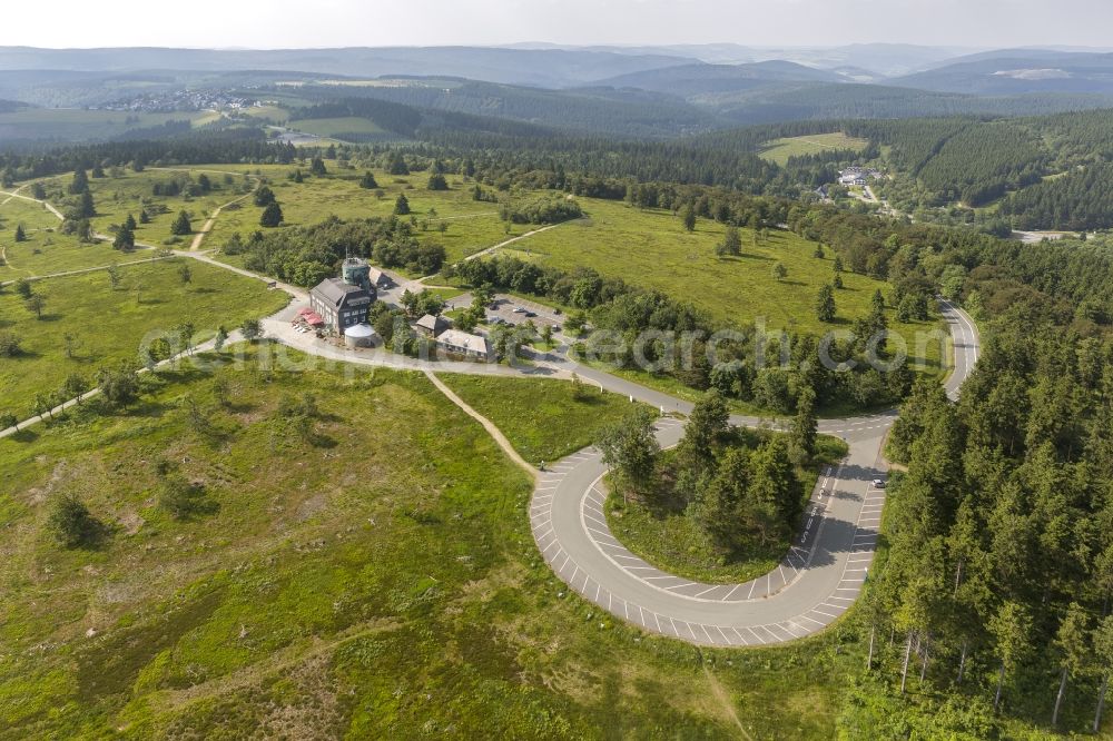 Aerial image Winterberg - View at the monument protected mountain inn Kahler Asten and the Astenturm near Winterberg the federal state of North-Westphalia Rhine. In the Astenturm located are a weather station and a permanent exhibition about nature conservation