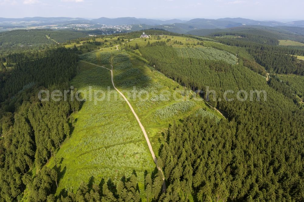 Aerial photograph Winterberg - View at the monument protected mountain inn Kahler Asten and the Astenturm near Winterberg the federal state of North-Westphalia Rhine. In the Astenturm located are a weather station and a permanent exhibition about nature conservation