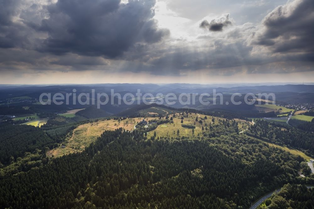 Winterberg from above - View at the monument protected mountain inn Kahler Asten and the Astenturm near Winterberg the federal state of North-Westphalia Rhine. In the Astenturm located are a weather station and a permanent exhibition about nature conservation