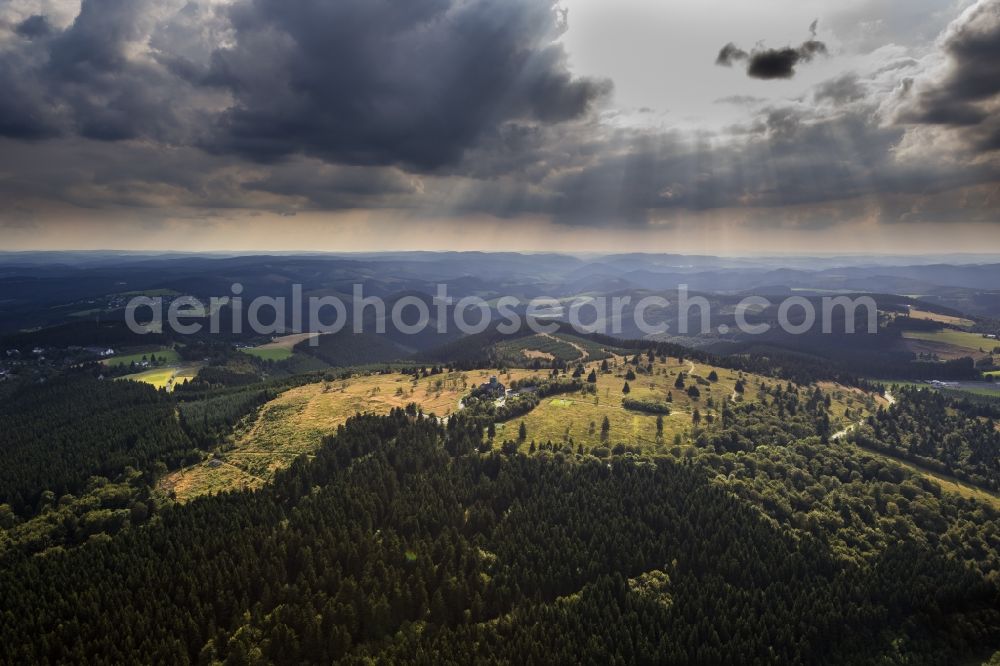 Aerial image Winterberg - View at the monument protected mountain inn Kahler Asten and the Astenturm near Winterberg the federal state of North-Westphalia Rhine. In the Astenturm located are a weather station and a permanent exhibition about nature conservation