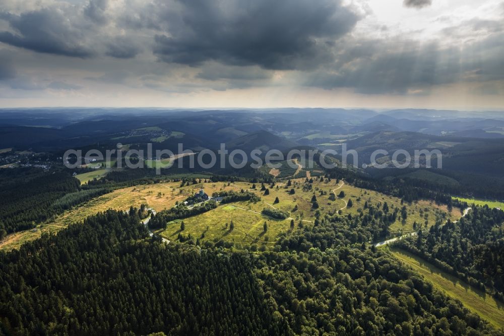 Aerial image Winterberg - View at the monument protected mountain inn Kahler Asten and the Astenturm near Winterberg the federal state of North-Westphalia Rhine. In the Astenturm located are a weather station and a permanent exhibition about nature conservation