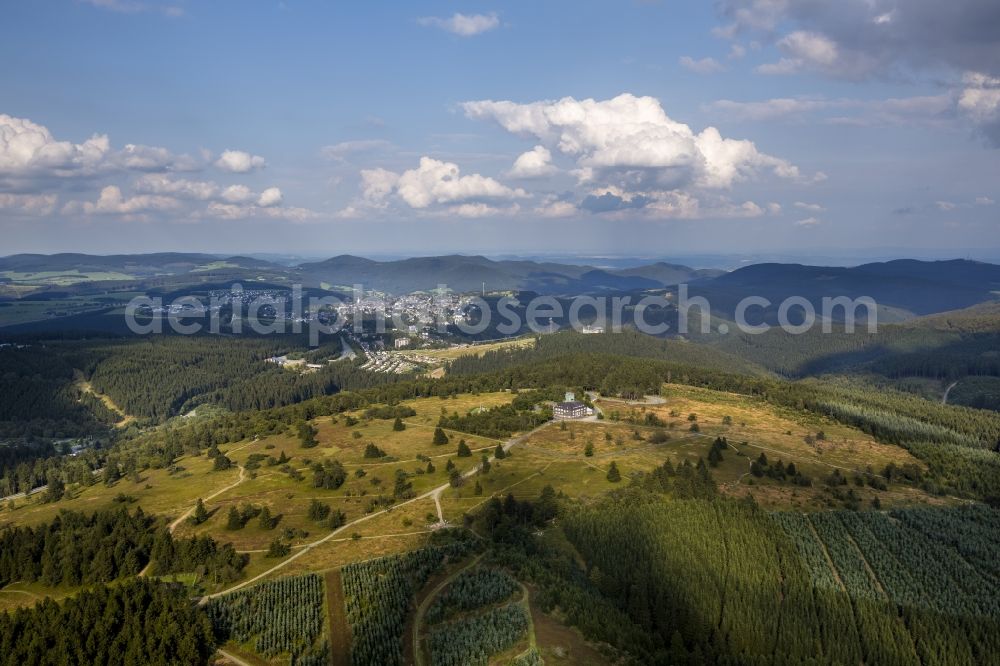 Aerial image Winterberg - View at the monument protected mountain inn Kahler Asten and the Astenturm near Winterberg the federal state of North-Westphalia Rhine. In the Astenturm located are a weather station and a permanent exhibition about nature conservation