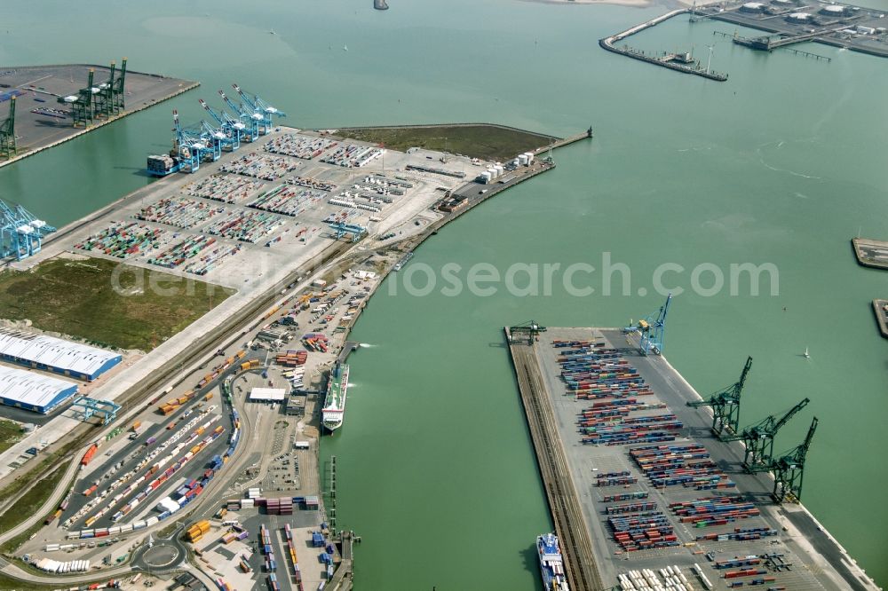 Zeebrügge from above - Kai and port facilities with container terminals of Bruges-Zeebrugge in Belgium