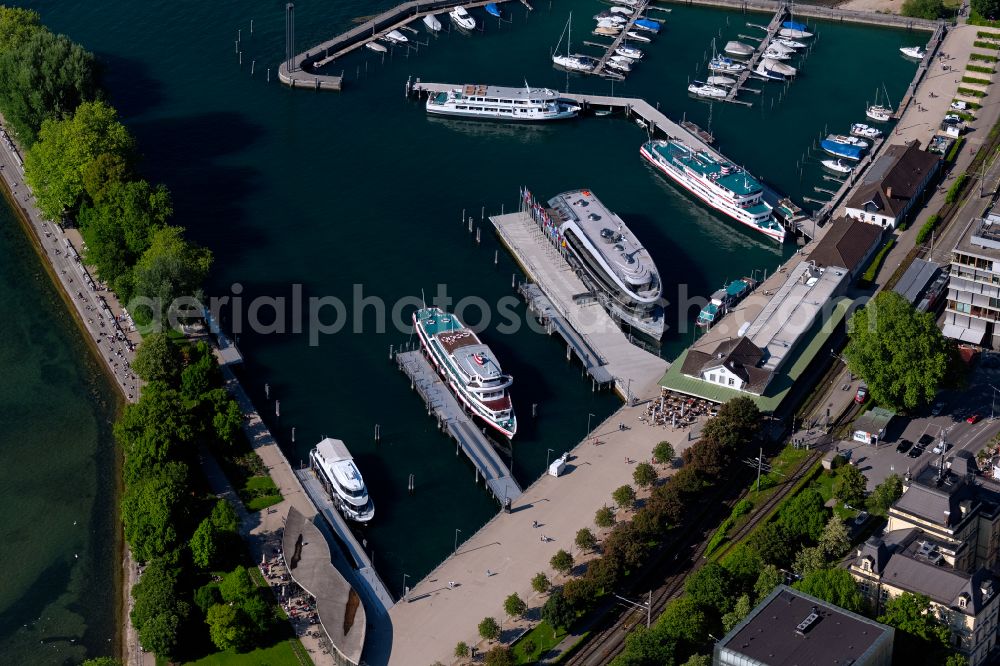 Bregenz from above - Ship moorings at the inland harbor basin on the banks of the Lake Constance in Bregenz at Bodensee in Vorarlberg, Austria