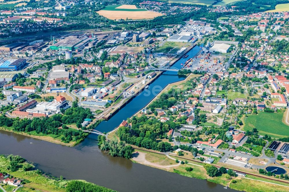 Riesa from above - Ship moorings at the inland harbor basin on the banks of the Elbe in the district Groeba in Riesa in the state Saxony, Germany