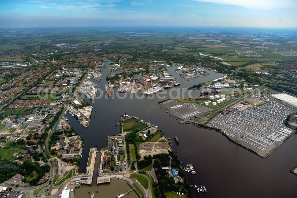 Emden from above - Ship moorings at the inland harbor basin on the banks of the Ems in Emden in the state Lower Saxony, Germany