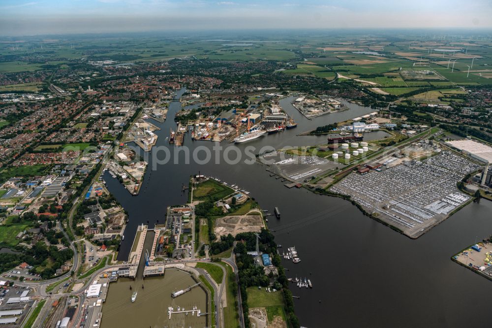 Emden from the bird's eye view: Ship moorings at the inland harbor basin on the banks of the Ems in Emden in the state Lower Saxony, Germany