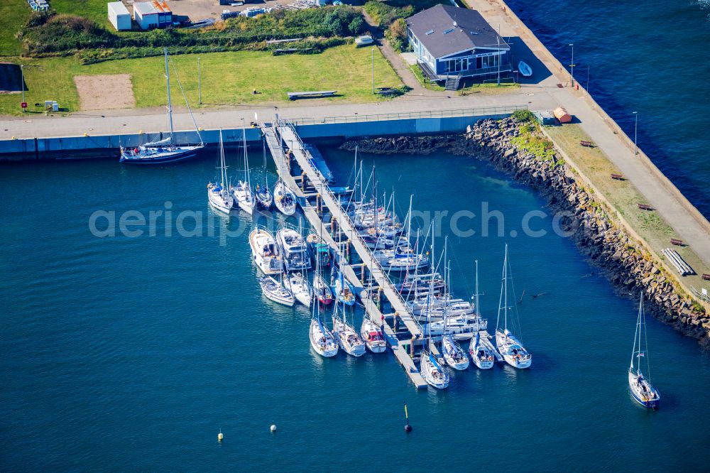 Helgoland from above - Ship moorings at the inland harbor basin on the banks of Suedhafen on street Nordkaje Suedhafen in Helgoland in the state Schleswig-Holstein, Germany