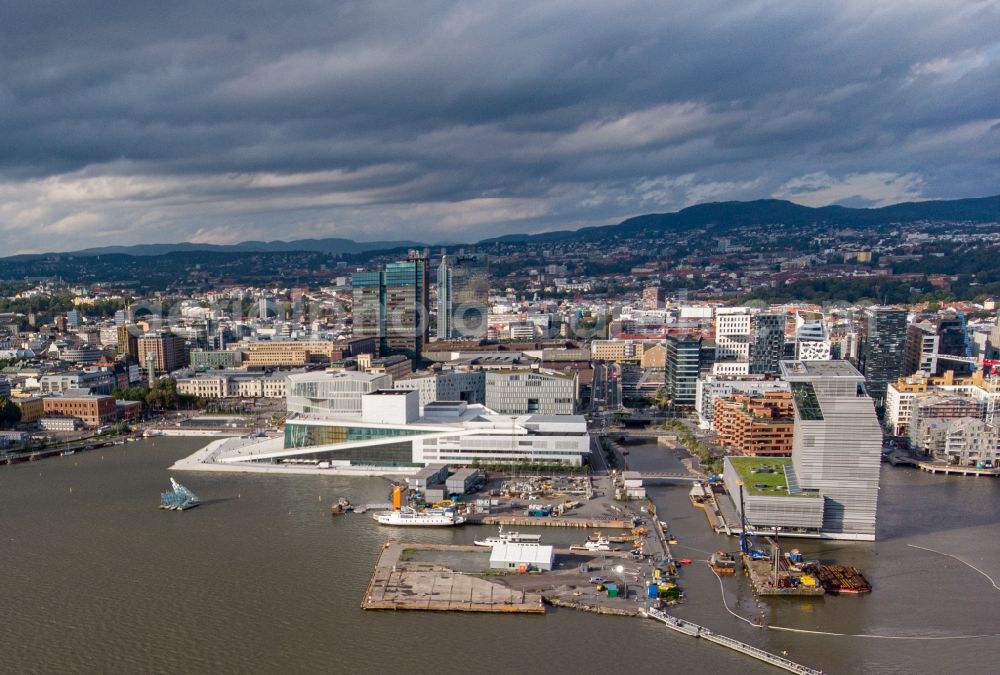 Oslo from the bird's eye view: Ship moorings at the harbor basin on the banks of the in Oslo in Norway