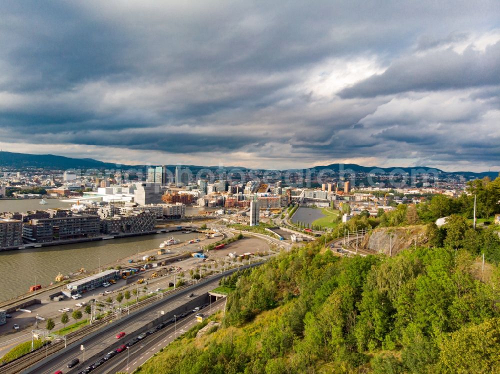 Oslo from the bird's eye view: Ship moorings at the harbor basin on the banks of the in Oslo in Norway