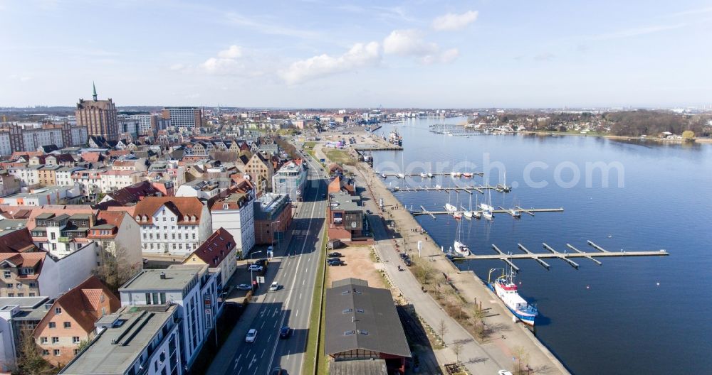 Rostock from the bird's eye view: Ship moorings at the inland harbor basin on the banks of the Unterwarnow in Rostock in the state Mecklenburg - Western Pomerania, Germany