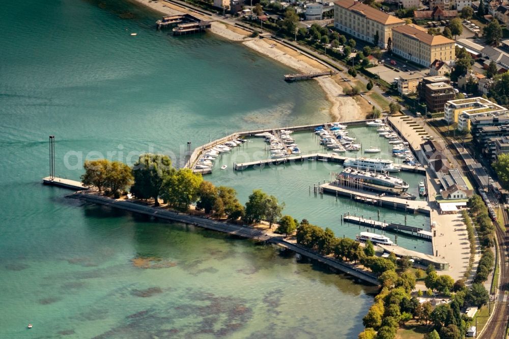 Bregenz from above - Quays and boat moorings at the port of the inland port Bregenz Bodensee in Bregenz in Vorarlberg, Austria