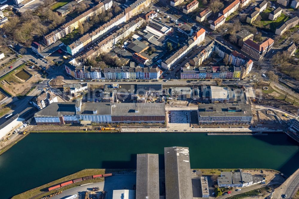 Aerial image Dortmund - Quays and boat moorings at the port of the inland port in Dortmund at Ruhrgebiet in the state North Rhine-Westphalia, Germany