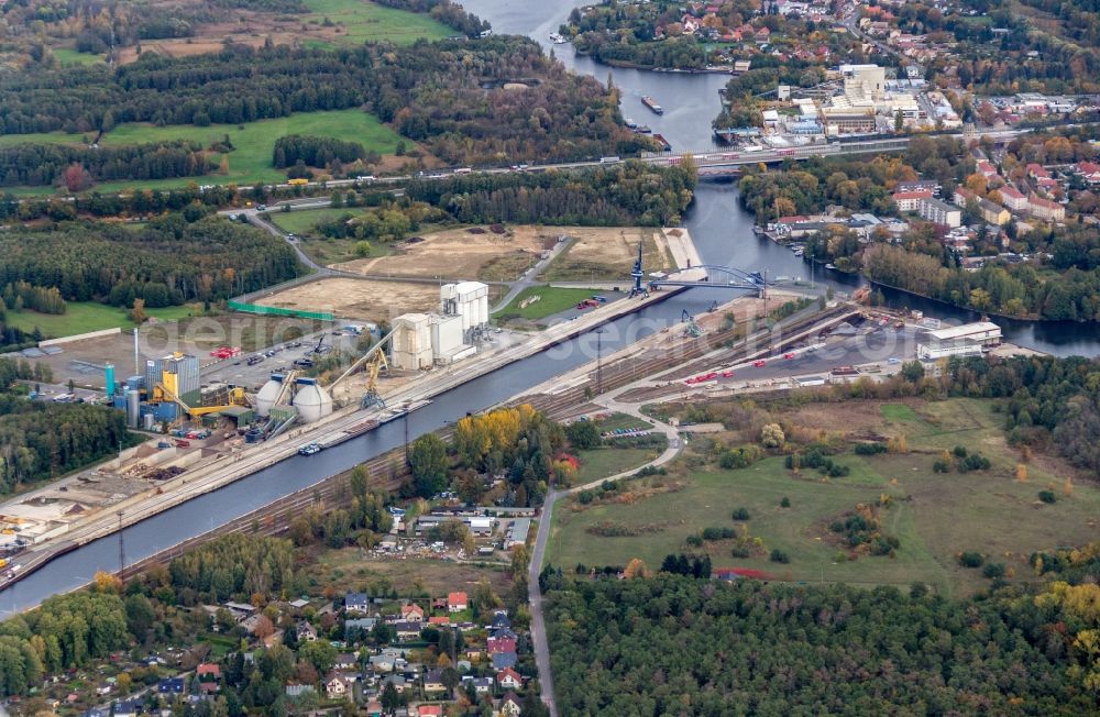 Fürstenwalde/Spree from the bird's eye view: Quays and boat moorings at the port of the inland port in Fuerstenwalde/Spree in the state Brandenburg, Germany