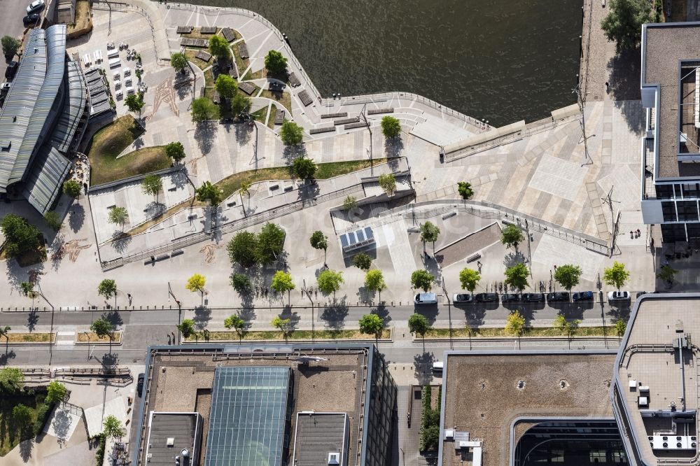 Hamburg from above - Quays and boat moorings at the port of the inland port Grasbrookhafen in Hamburg, Germany