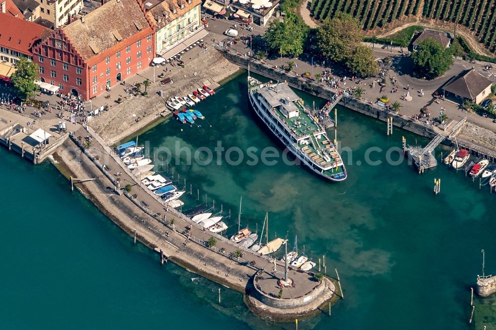 Meersburg from above - Quays and boat moorings at the port of the inland port Meersburg on Bodensee in Meersburg in the state Baden-Wurttemberg, Germany